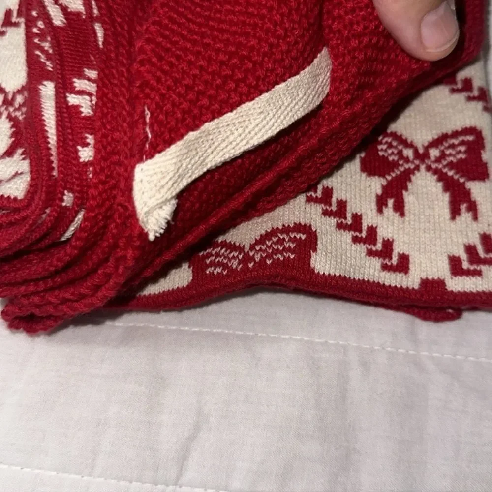 cupcakes & cashmere 3 Tea Towels Ivory Tan Red Christmas Bow Tie Cotton Knit